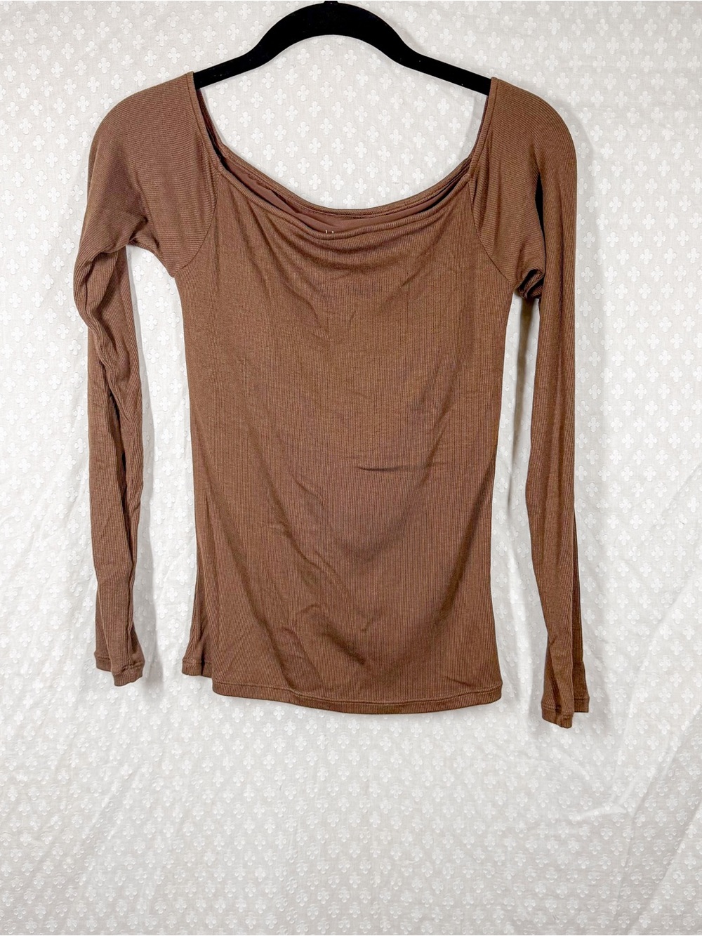 Klassy Network Brown Micro Rib Off The Shoulder Long Sleeve Top - Picture 2 of 7